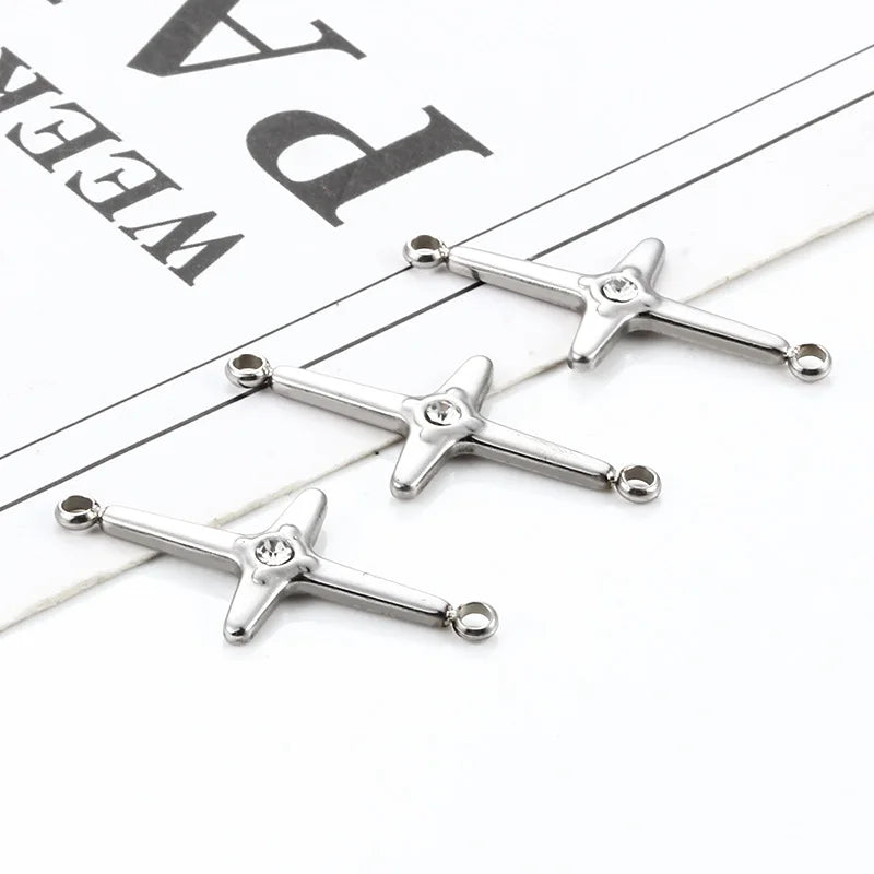 New Polished Stainless Steel Double Head Welding Ring Diamond-encrusted Cross Ornament Accessories DIY Necklace Bracelet Fashion