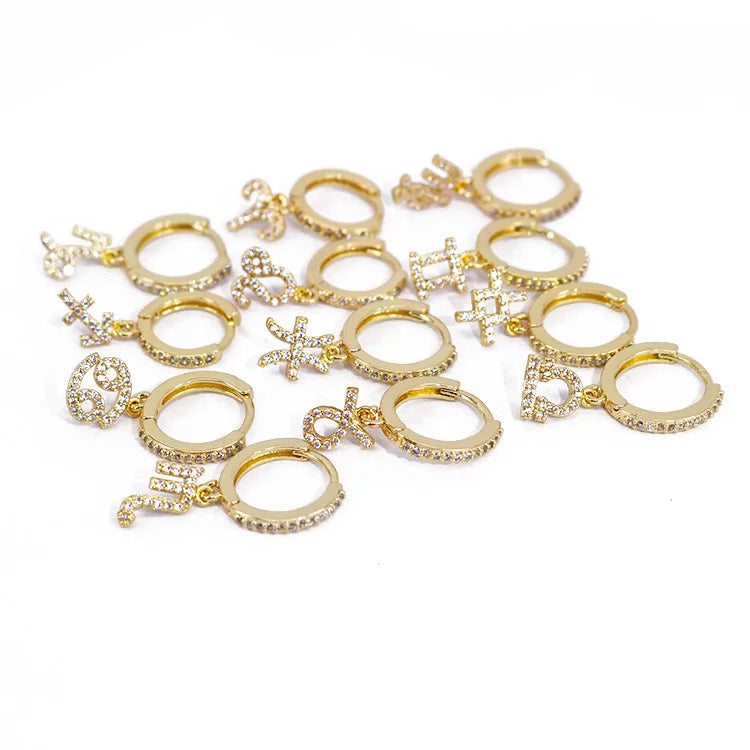 EC1750 18k Gold Plated CZ Micro Pave Astrology Horoscope Zodiac Sign Charm Huggie Hoop Earrings