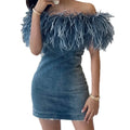 Hot Sale Trendy Evening Party Fur Denim Dress Women With Fluffy Ostrich Feathers