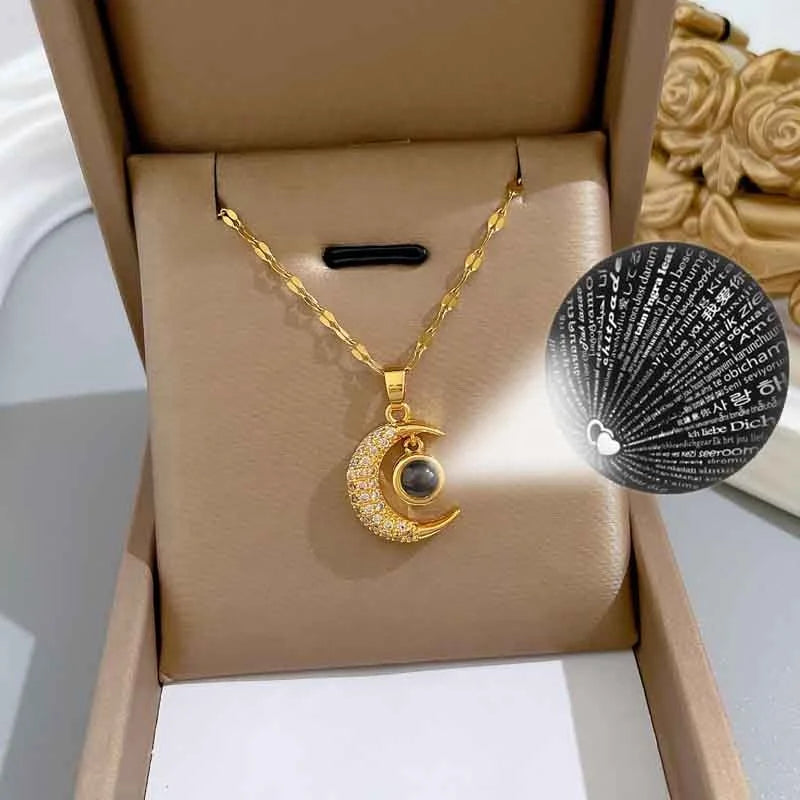 Valentine's Day 18K Gold Plated Zircon Crystal Moon Necklace Stainless Steel 100 Langue I Love You Projection Necklace Moon