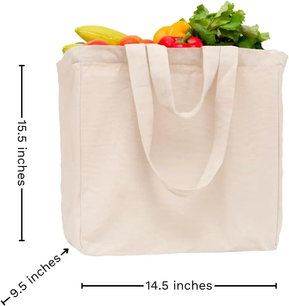 35*22*39cm Heavy Duty Foldable Shopping Bags Cotton Canvas Reusable Grocery Market Bags with 5 Pockets Eco-friendly and Washable