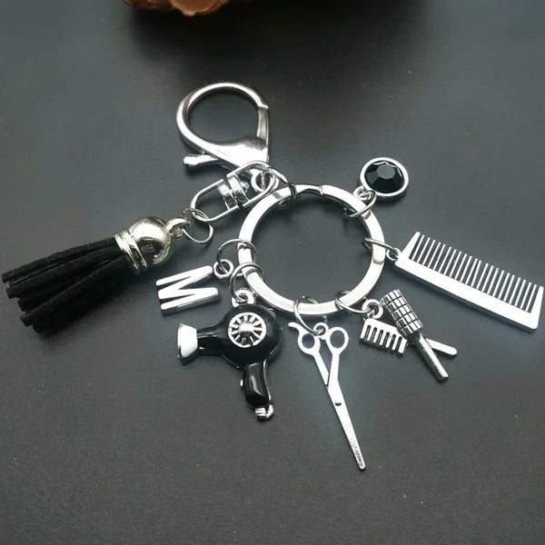 Wholesale Custom Promotional Keychain Vintage Mini Haircut Scissors Hair Dryer Comb Tassel Metal Barber Initial Letter Key Chain