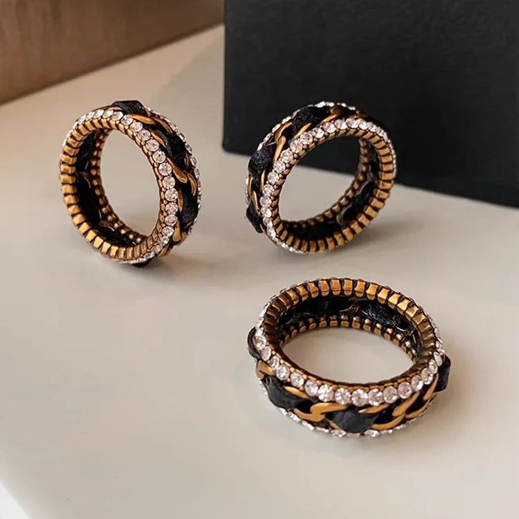 2024 New Antique Brass Chain Black Leather Weave Diamond Ring for Women Jewelry Factory Customized