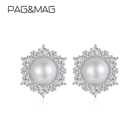 Pag&Mag Snow Flake Stud Earring Sterling Silver Woman Luxury Flower for Girl Fresh Water Pearl Earing