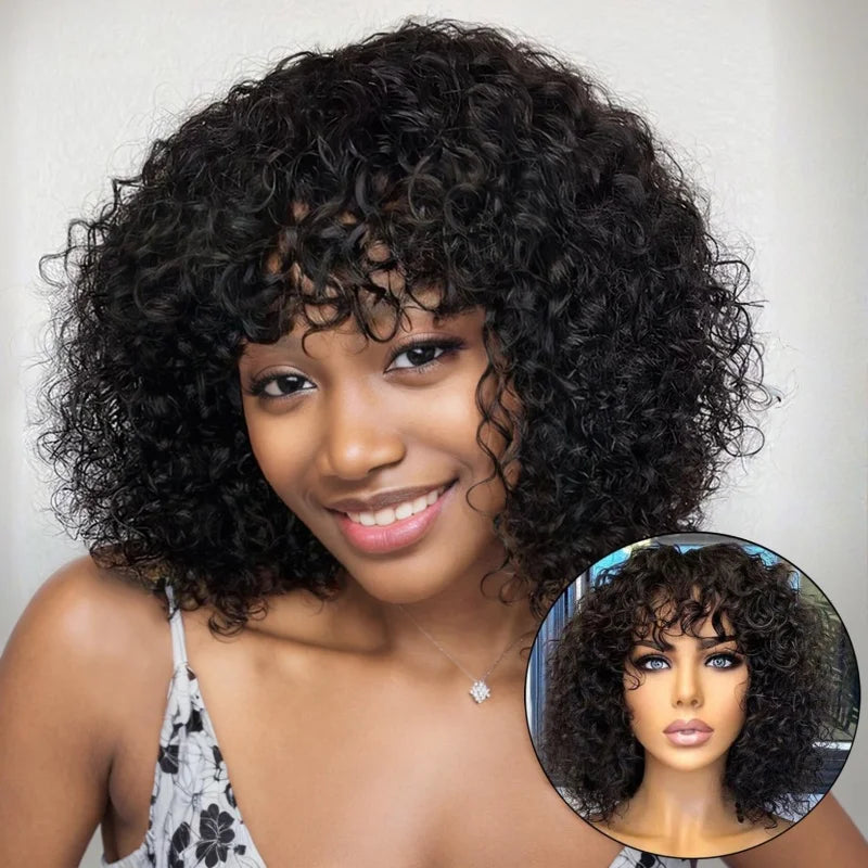 Brazilian Virgin Human Hair Wig Short Kinky Curl Bob with Water Wave Style Black Bangs-Machine-Made Wavy Design for Women