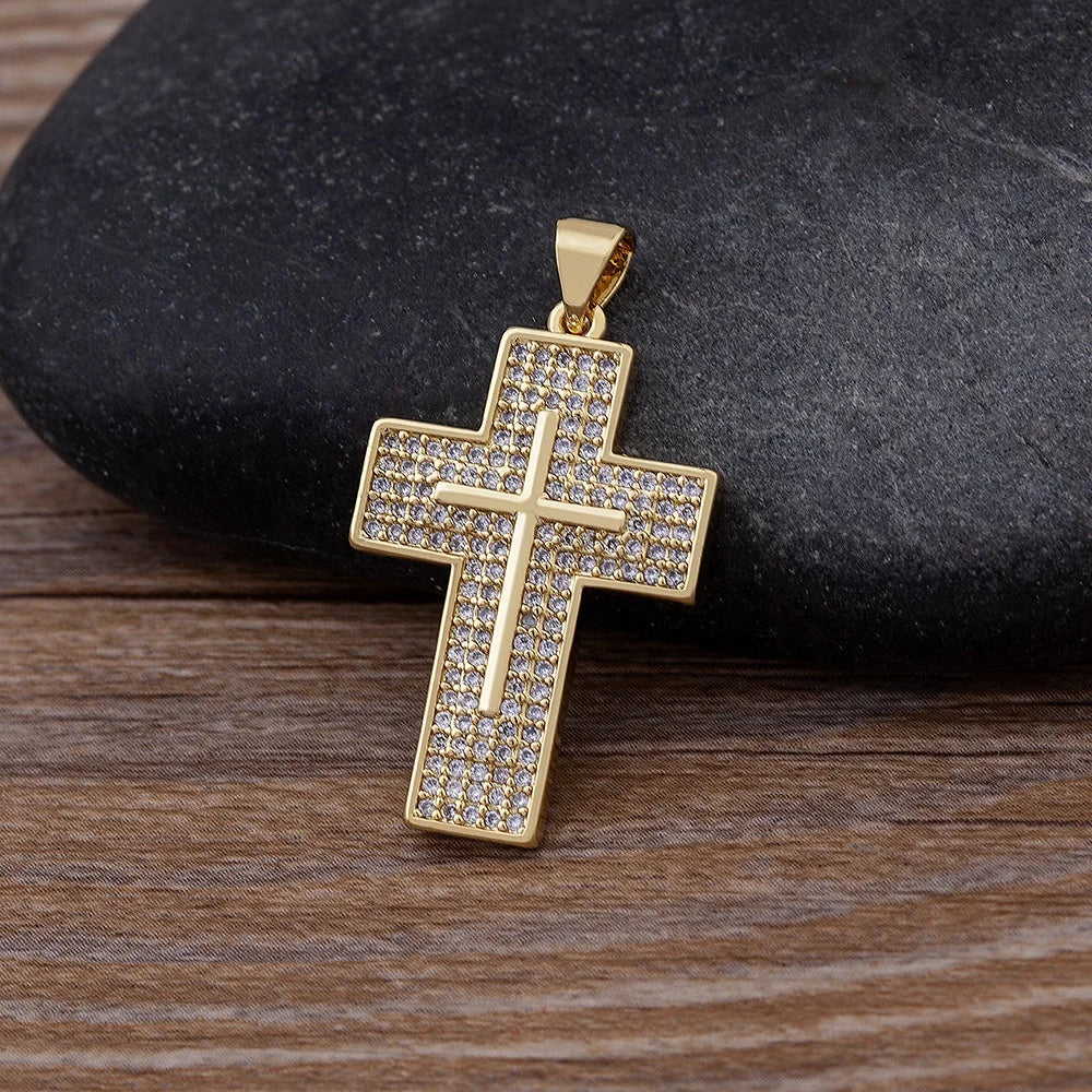 QIKU New Cross Pendant Classic Retro Shiny Cubic ZirconWomen Fashion Gold Color Crystal Choker Necklace Party Jewelry Charm Gift