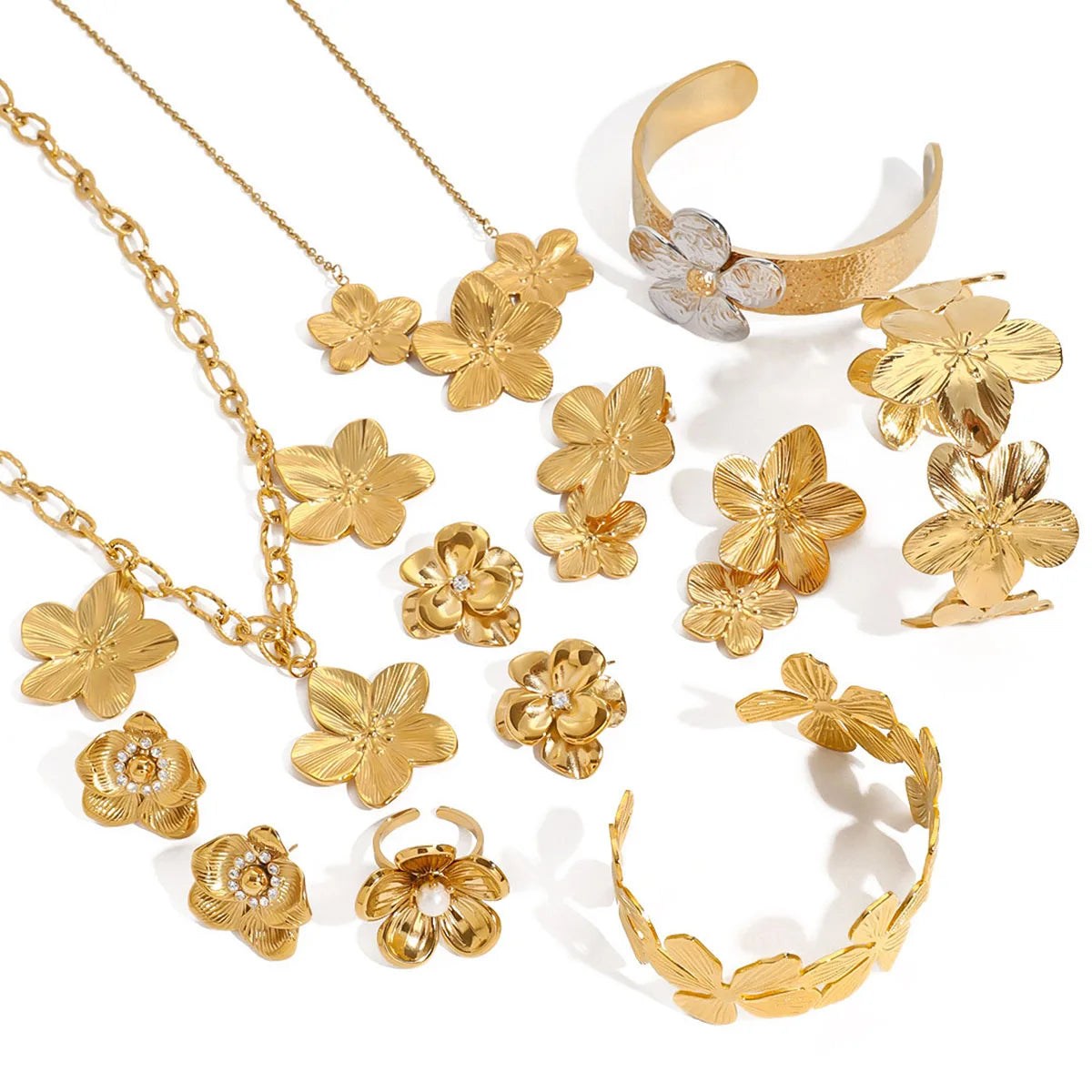 18K Gold Plated Stainless Steel Flower Jewelry Set Zircon Earrings Open Bracelet Bangles Pearl Rings Fashion Women Necklace