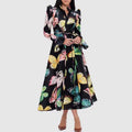 Elegant Retro Style 2024 Summer New Style Stand-up Collar Long Sleeves Slightly Flared Design Lace-up Butterfly Print Dress