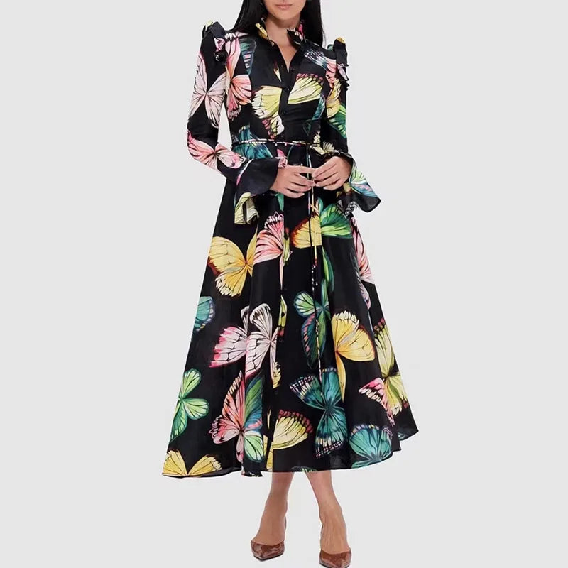 Elegant Retro Style 2024 Summer New Style Stand-up Collar Long Sleeves Slightly Flared Design Lace-up Butterfly Print Dress