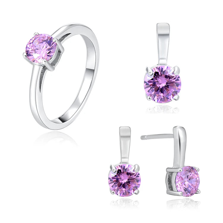 Simple Design 925 Sterling Silver Jewelry Sets Aaa Cubic Zirconia Rhodium Plating Simple Pink Jewelry Set for Girls