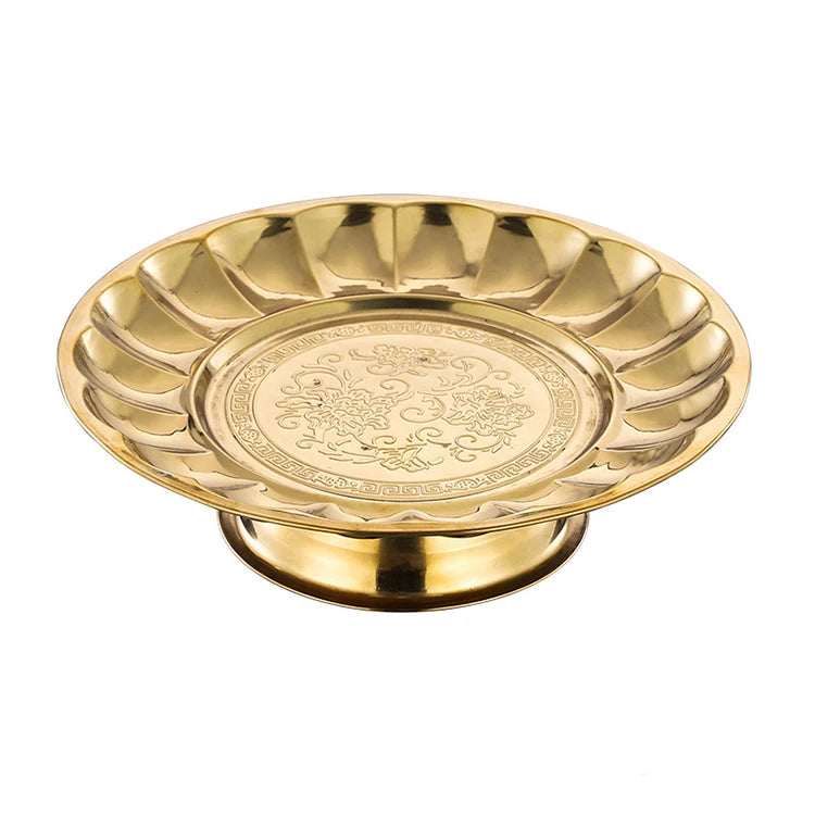 Wholesale Buddhism Style 22/25/30/35cm Gold Plated Pedestal Stainless Steel Food Fruit Serving Plates Tray for Serving