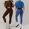 Newest Custom Logo Women Workout 2 Piece Set Loose Short Sleeve Shirts Drawstring High Waist Leggings Yoga Fitness Dance Set