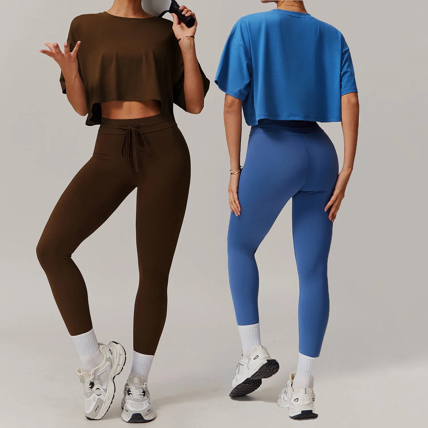 Newest Custom Logo Women Workout 2 Piece Set Loose Short Sleeve Shirts Drawstring High Waist Leggings Yoga Fitness Dance Set