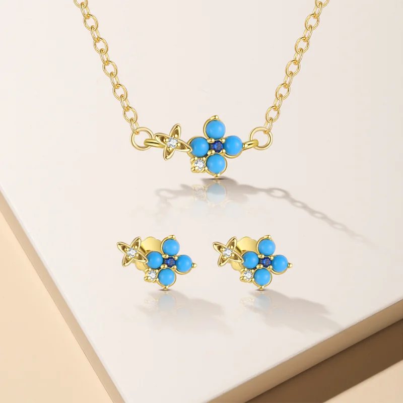 Romantic Flower 925 Sterling Silver Earrings Gold Plated Fine Jewelry Shiny Star Blue Turquoise Clover Weddings Parties Gifts