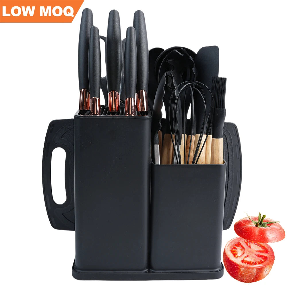 European Style Kitchen Silicone Utensils Cooking Spoon Set Wood Silicone Kitchen Utensils Knife Set with Cutting Board