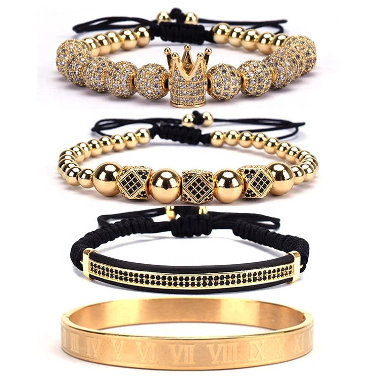4 Set Luxury Diamond Gold Plated Men Women Roman Miyuki Bead String Adjustable Crown Bracelet Sets