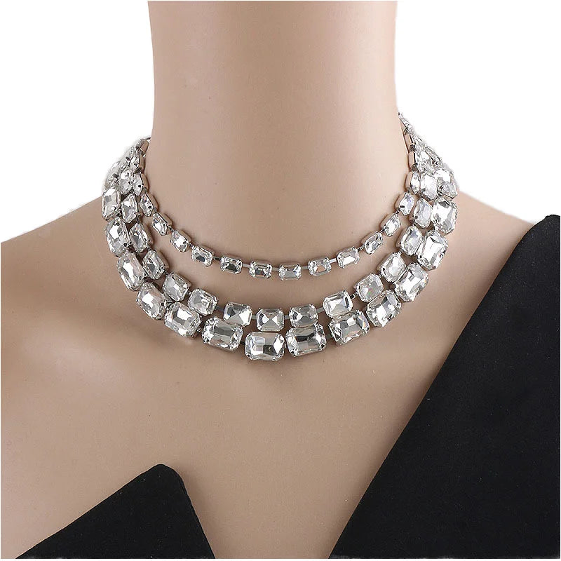 Luxury 3-Layer Geometric Diamond Crystal Necklace for Women Link Chain Square Choker Bling for Party Trendy Style