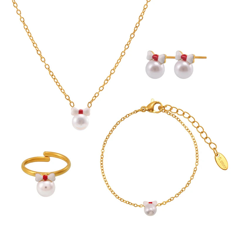 G3995 Wholesale Stainless Steel Bow Shell Pearl Charm Necklace Bracelet Ring Earrings Fashion Jewelry Sets