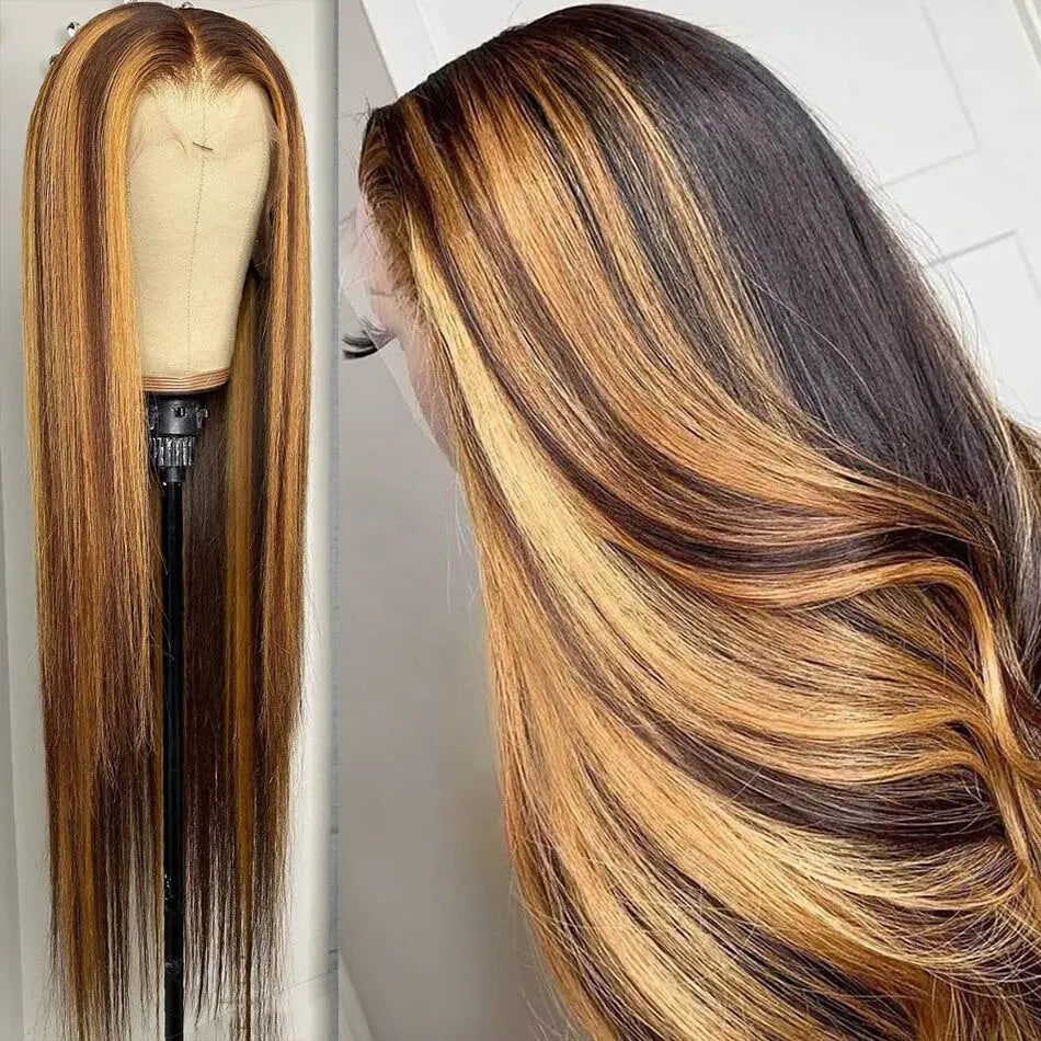 Cheap Highlight Brazilian Straight Human Hair Wigs 13x4 4x4 Lace Ombre Piano P4/27# Color Hair Long Straight Wig 150%
