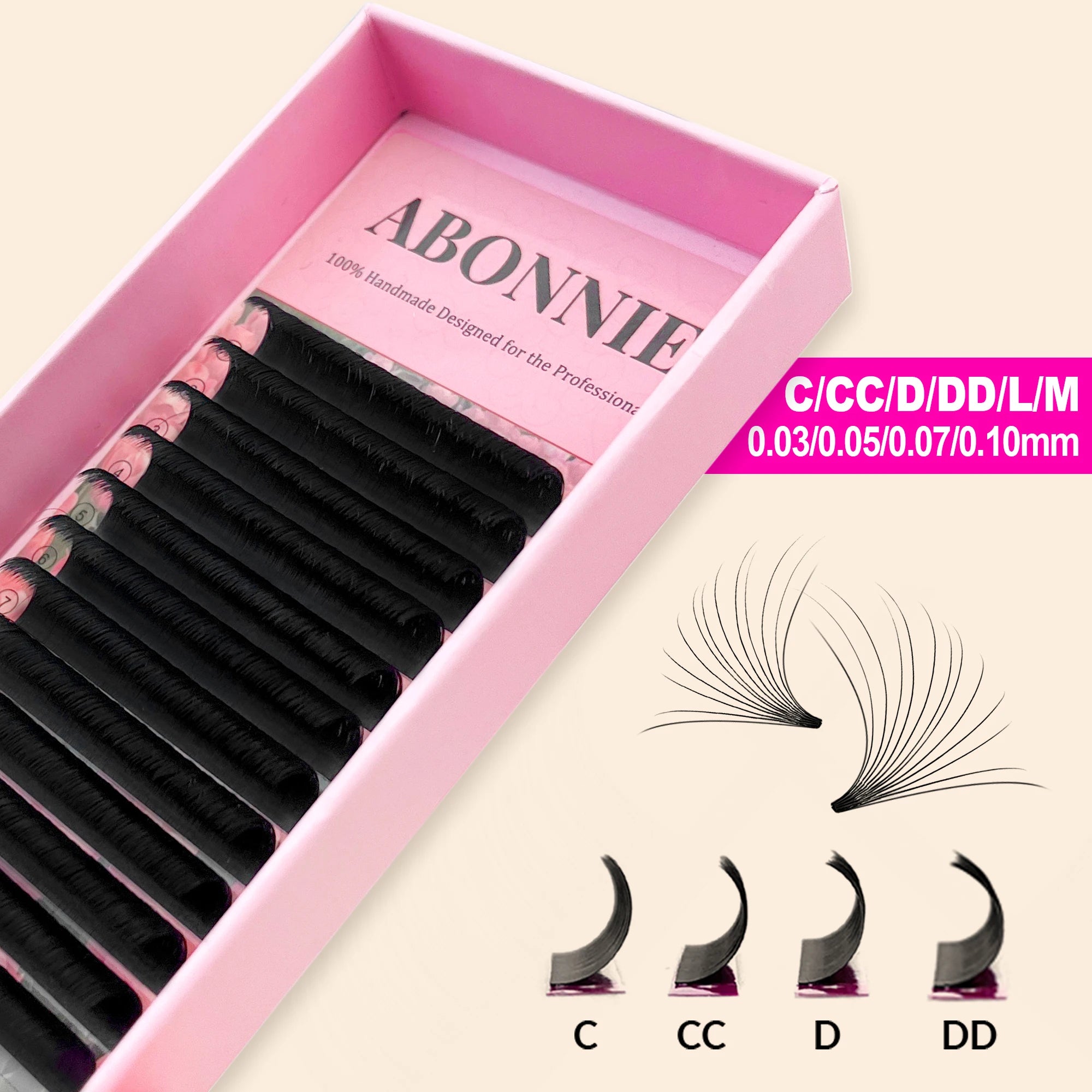 Abonnie 003 007 J Cc Dd L M Easy Fan Eyelash Extention Wholesale Cashmere Easy Fan Lash Extension Trays Matte Black Easy Fanning