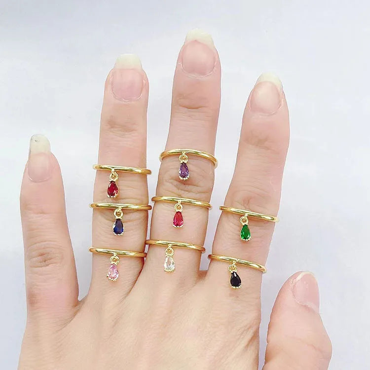 RM1465 Fashion Dainty Mini Minimalist 18K Gold Plated Over Brass Tiny CZ Cubic Zirconia Teardrop Dangle Charm Rings for Ladies