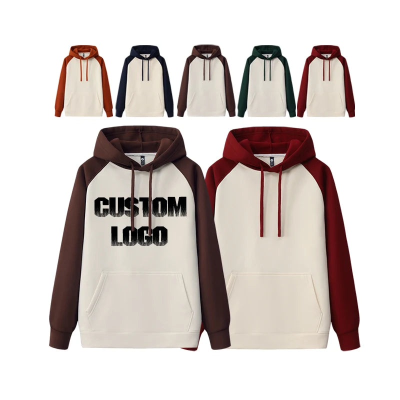 High Quality Splicing Collision Color Fleece  Loose Raglan Sleeve Hoodie Custom Embroidery Screen Print Pullover