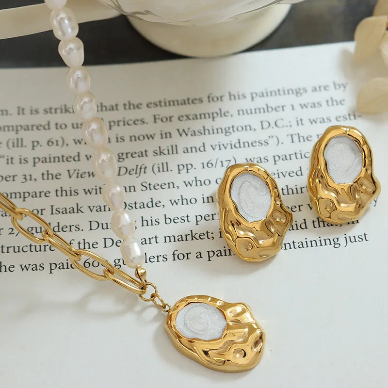 French Elegant Gold Filled Enamel Geometric Necklace Irregular Baroque Pearl Beads Stainless Steel Necklace Accesorios Mujer