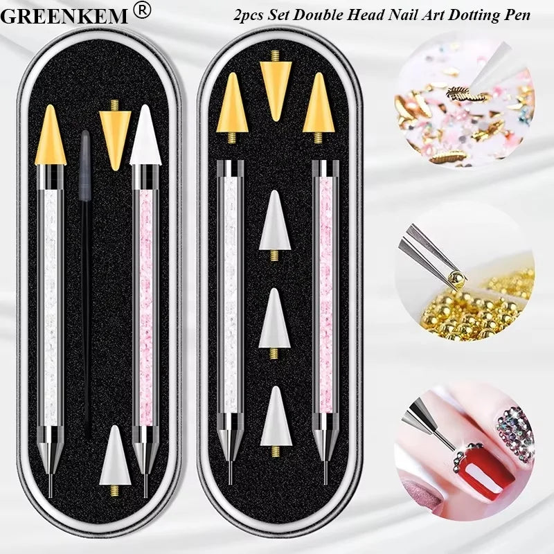 Double Head Nail Art Dotting Pen 2pcs Set Point Rhinestone Wax Pen Nail Polish Crayon Stick Nail Art Dotting Pen Set