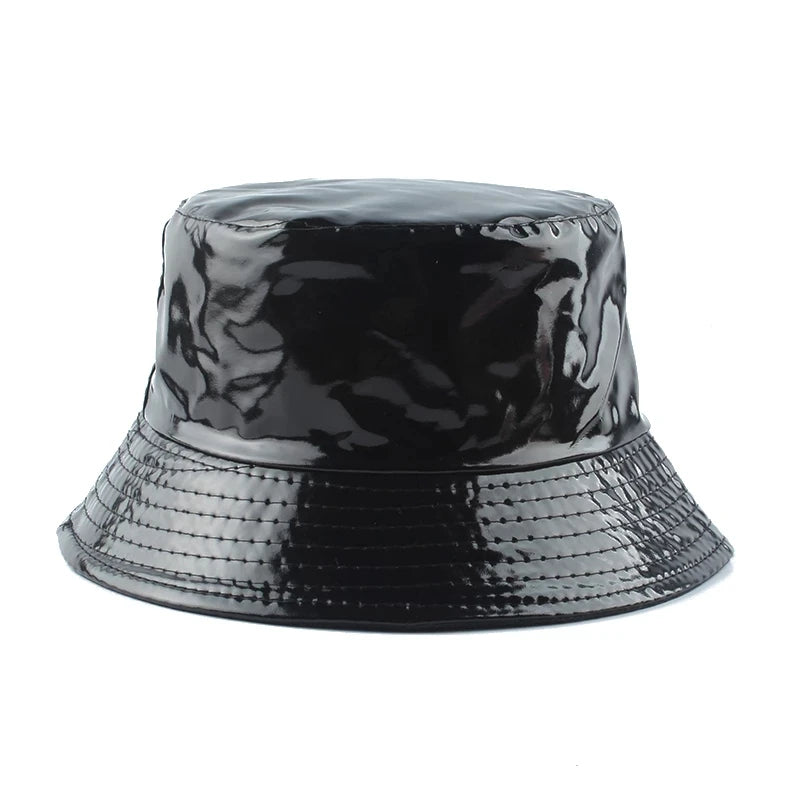 PU Waterproof Bucket Rain Hat Women  Hip Hop PU Leather Dots Color Reversible Fisherman Hats
