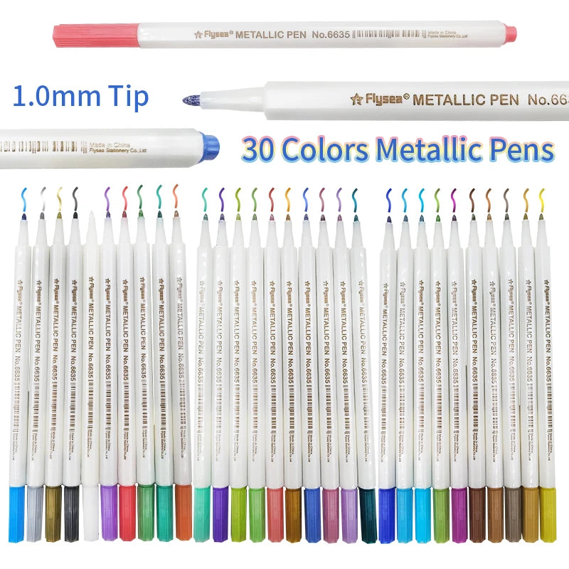 Flysea Metallic Marker Pens for 30 Assorted Color Soft Sheen Glitter Painting Pen Card Making Birthday Greeting