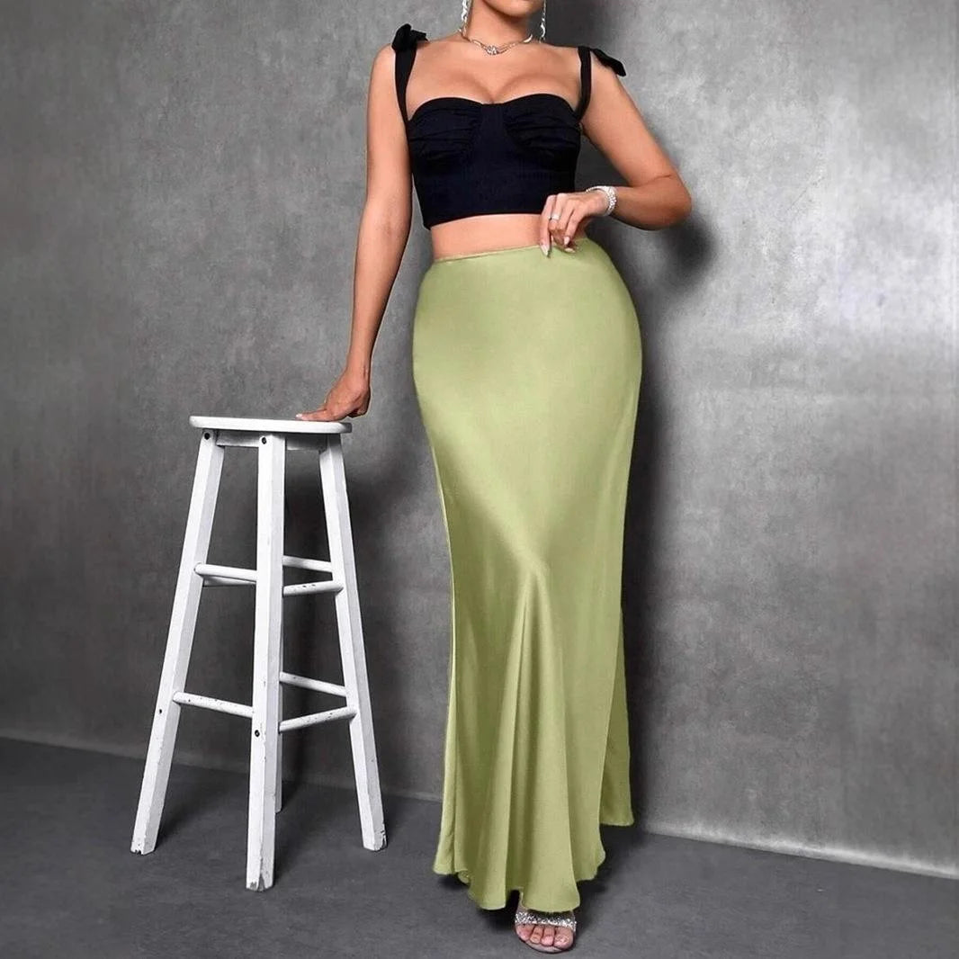 Fashion Breathable Casual Women's Elegant Skirts Solid Satin Midi Length Women's Skirts