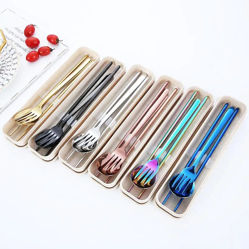 Customized Logo Stainless Steel 304 Rose Gold Black Spoon Fork Chopsticks Korean Cutlery Set