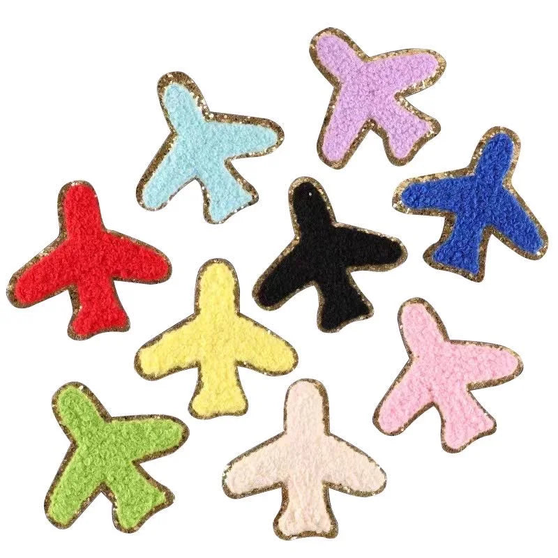 Higher quality  gold glitter edge iron on airplane chenille embroidery patches for clothing