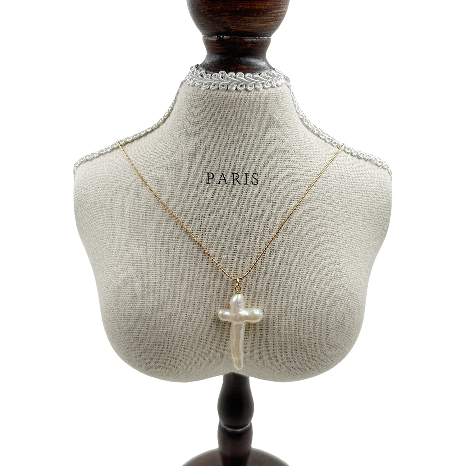 16 Inch Wholesales Natural Freshwater Cross Baroque Pearl Pendant Choker Necklacestainless Steel PVD 18k Gold Plating