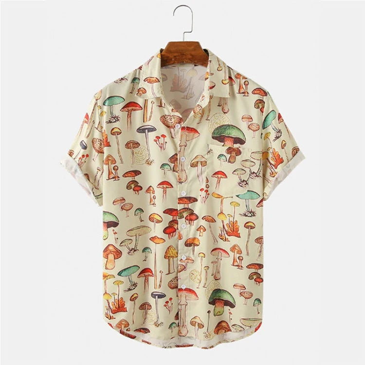 Summer Mens Short Sleeve Hawaiian Shirt Fashion Turn-down Button Cartoon Mushroom Beach Printed Shirt for Men Casual Streetwear