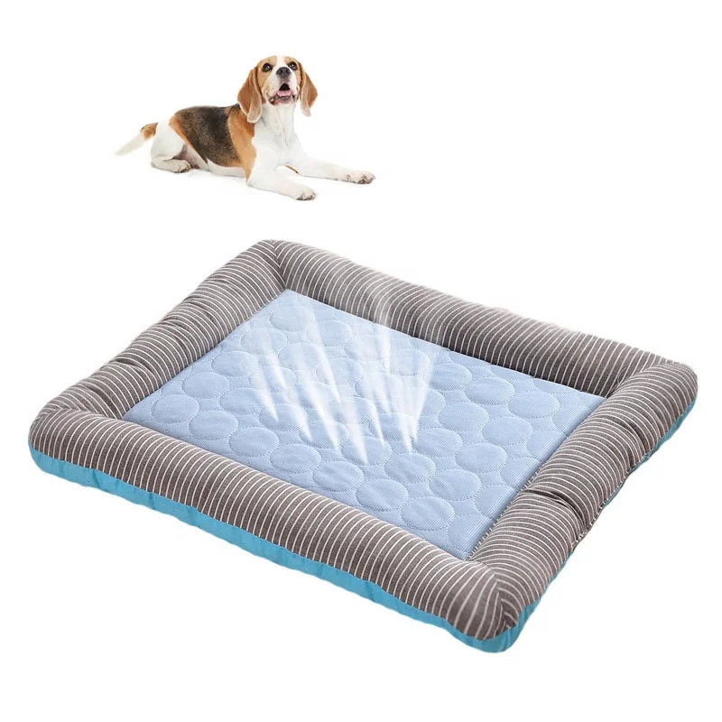 Summer Cooling Dog Bed Sustainable Cotton Linen with Striped Design Moisture-Proof Hand-Washable Pet Cooling Mat for Hot Weather