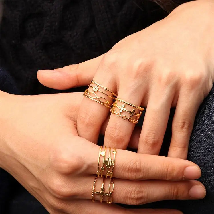 Chris April 316L Stainless Steel PVD Gold Plating Layers Adjustable Chains Flowers Ring
