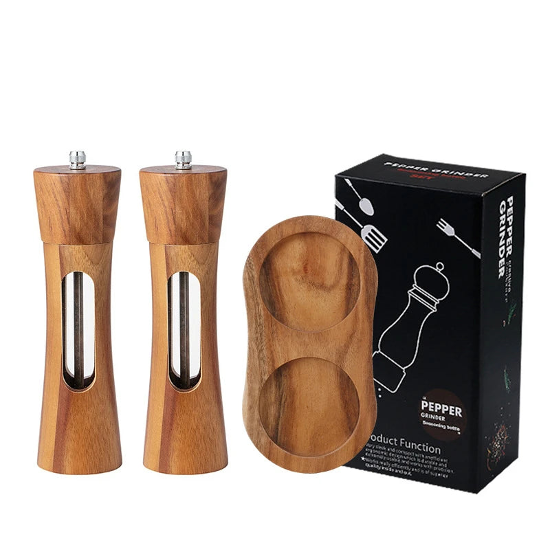Custom Logo Kitchen Accessories Acacia Wood With Acrylic Visible Window Wooden Salt and Pepper Grinder Set