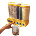 Kitchen 6 Compartment Dry Food Storage Tank Wall Mounted Transparent Plastic Grain Dispenser Partitioned Rice Cereal Container