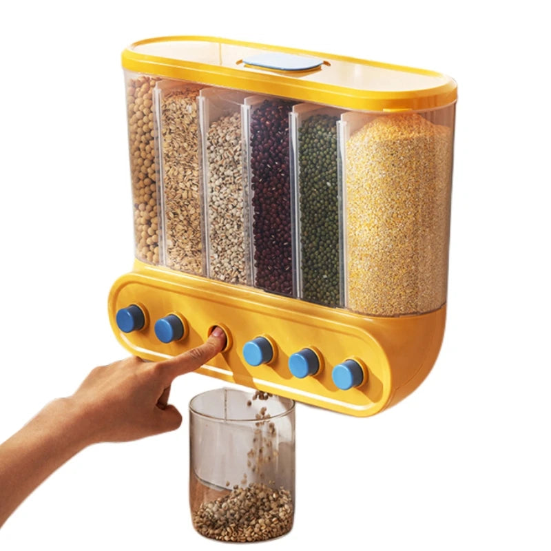 Kitchen 6 Compartment Dry Food Storage Tank Wall Mounted Transparent Plastic Grain Dispenser Partitioned Rice Cereal Container