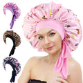 Fashion Women Pink Butterfly Wide Elastic Bands Bonnet Wrap Satin Hair Bonnets With Tie
