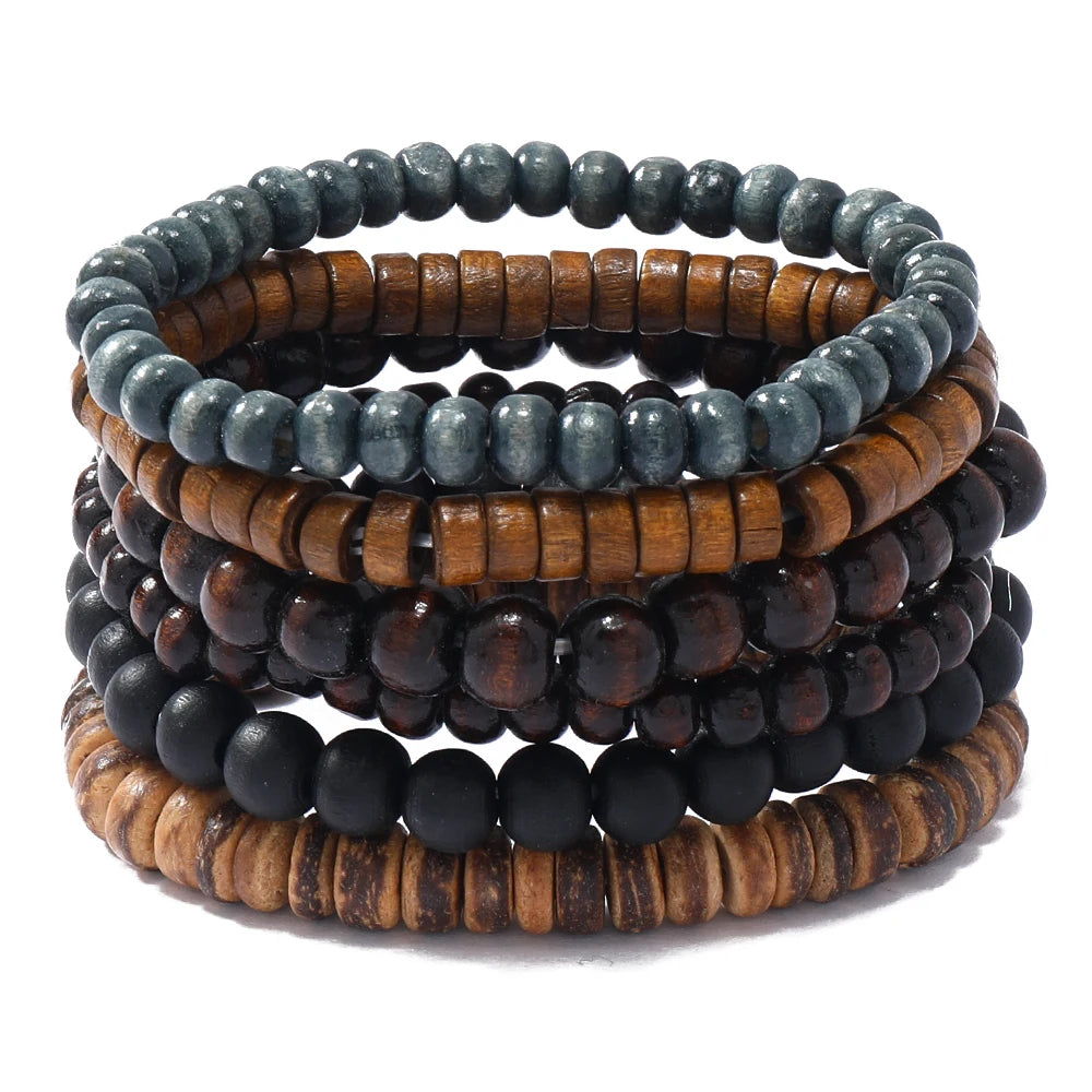 Handmade Natural Wooden Bead Bracelets Set 6pcs Elastic Healing Wood Bead Bracelet for Women Men Fashionable Friendship