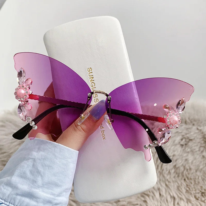 Lunette De Soleil Rimless Women Diamond Sunglasses Brand Designer Eyeglasses Butterfly Shape Sun Glasses
