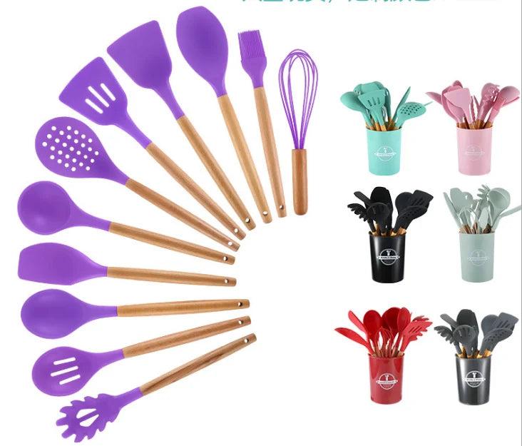 12 Pieces In 1 Set Silicone Kitchen Accessories Cooking Tools Kitchenware Silicone Kitchen Utensils With Wooden Handles