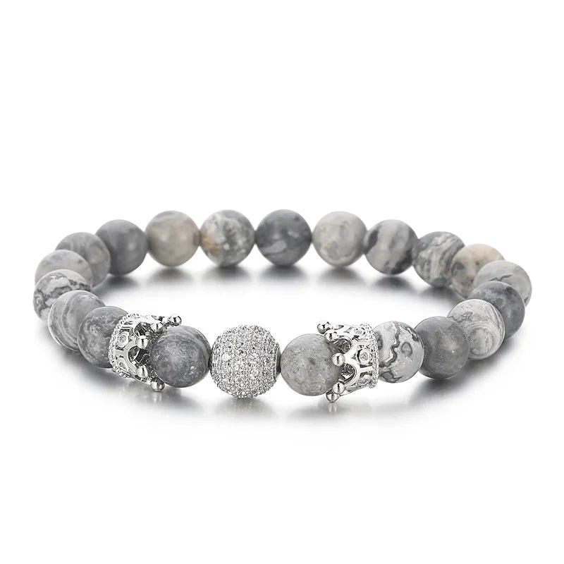 KALEN Mens Stone Beads Bracelets With Punk Stainless Steel Skull Crown Charms