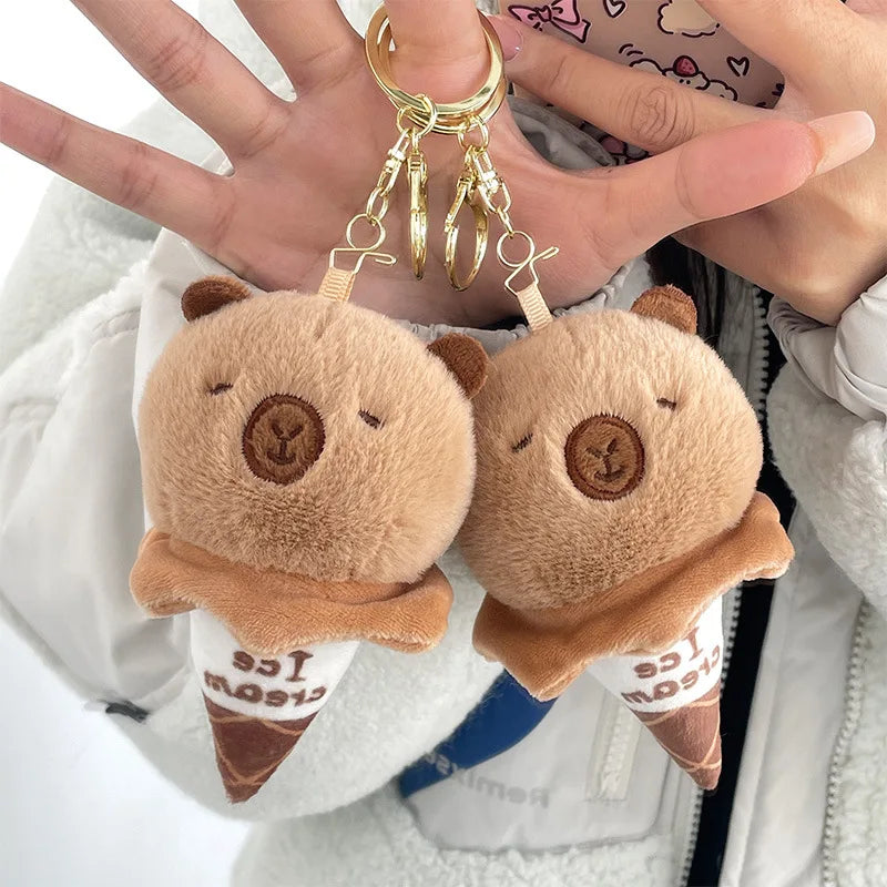 Cute Ice Cream Shape Capybara Plush Toy Cartoon Pendant Soft Stuffed Doll Keychain Ornaments Car Bag Accessories Key Ring Decor