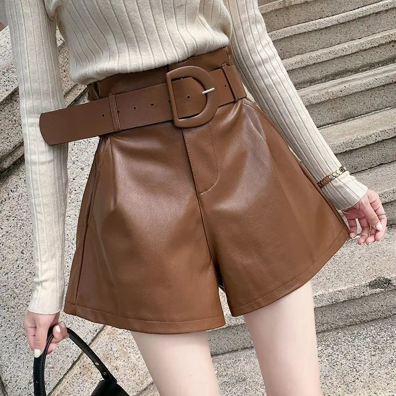 Women _ Chic Fashion Faux Leather Shorts Vintage High Waist Female Shorts All-Match Solid Color Loose Casual Shorts