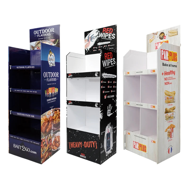 Custom Corrugated Cardboard Floor Display Stand Shelf Supermarket Chocolate Snack Food Display Racks for Shops