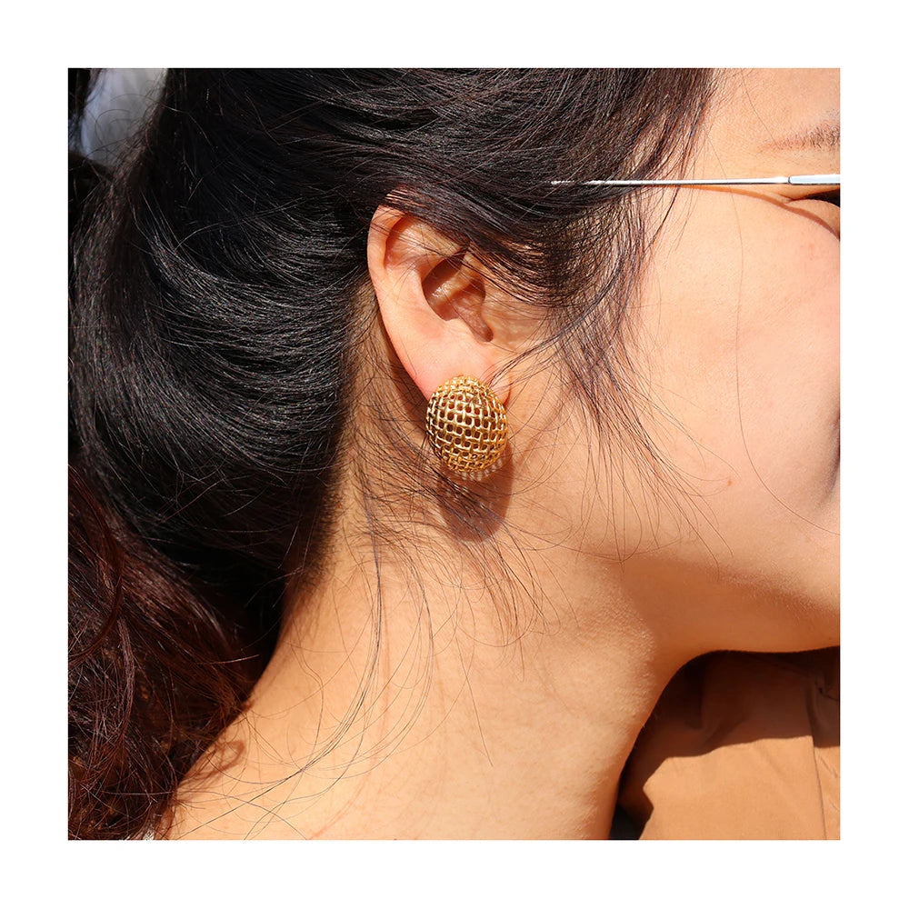 Vintage Hollow Woven Stainless Steel Round Chunky Hoop Earrings for Women Golden Color Multilayer Lines Stud Jewelry Gift