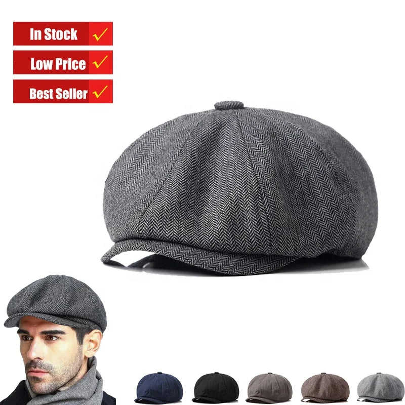 Wholesale Custom Autumn Winter New Ivy Newsboy Casual Retro Beret Hats for Women Men Wild Octagonal Cap Herringbone Duckbill Hat